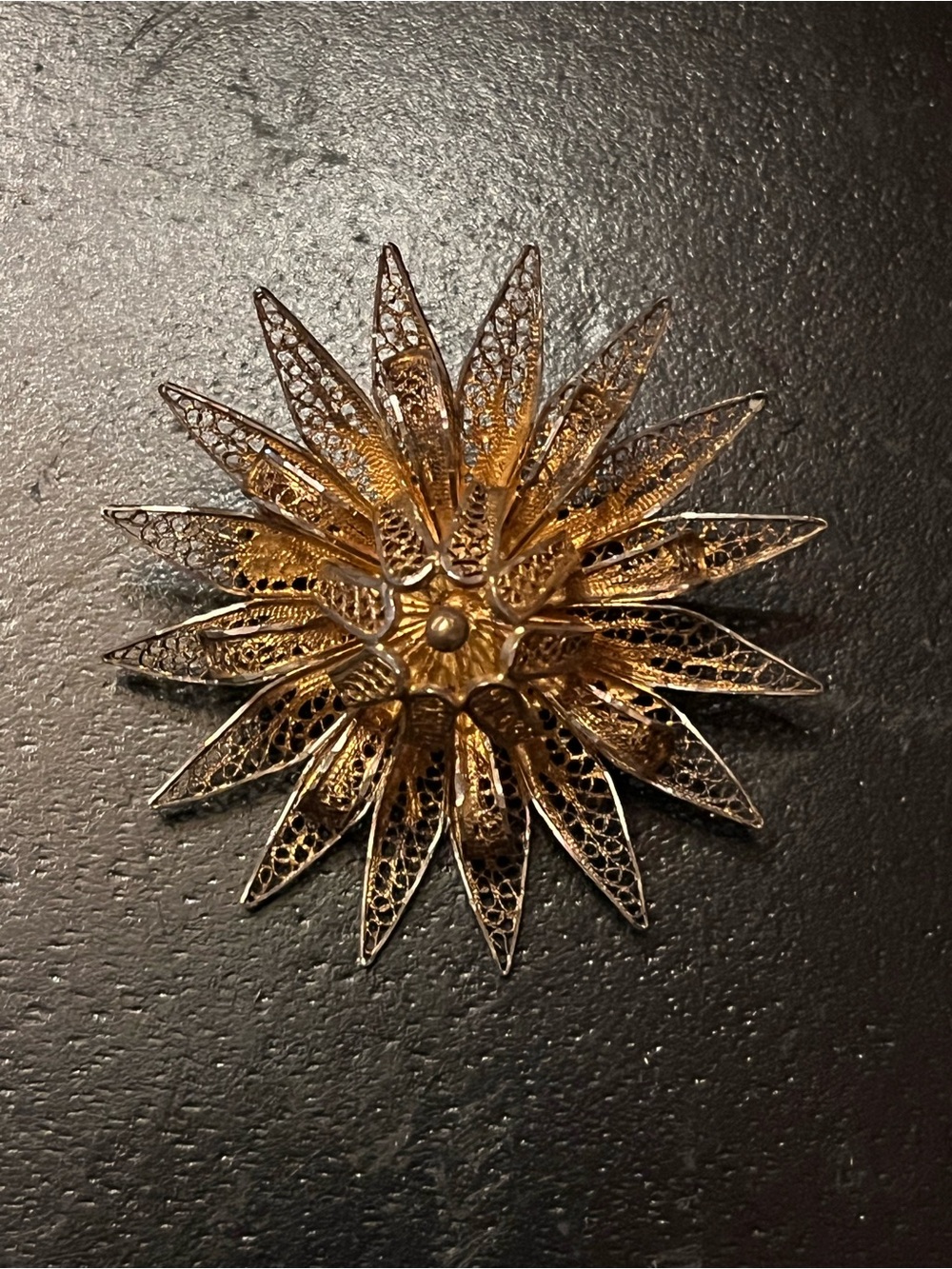 Vintage Art Deco Flower Brooch Gold Filigree Sterling Silver Portugal